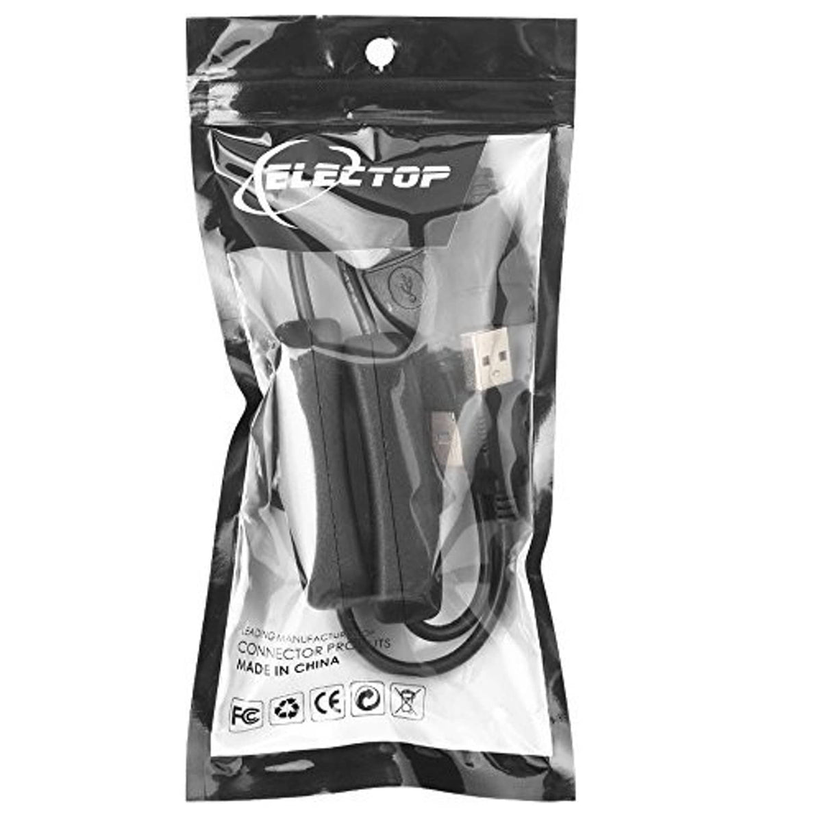 Electop USB male-to-female power cable set with two inline on/off switches, in bag