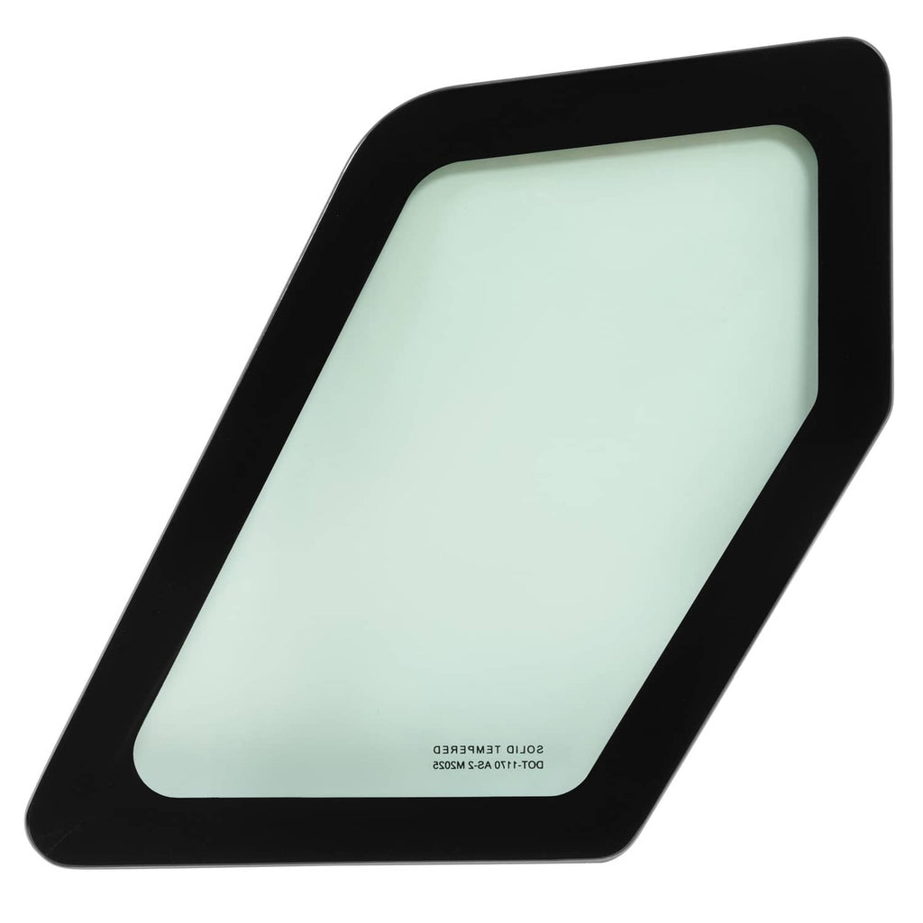 Cab glass window with black frame and light green tinted glass, close rear angle