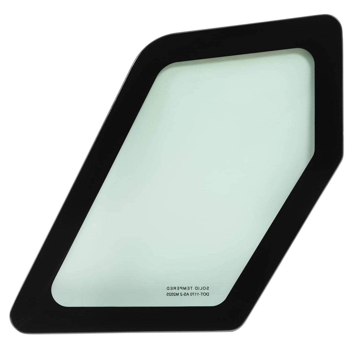 Cab glass window with black frame and light green tinted glass, close rear angle