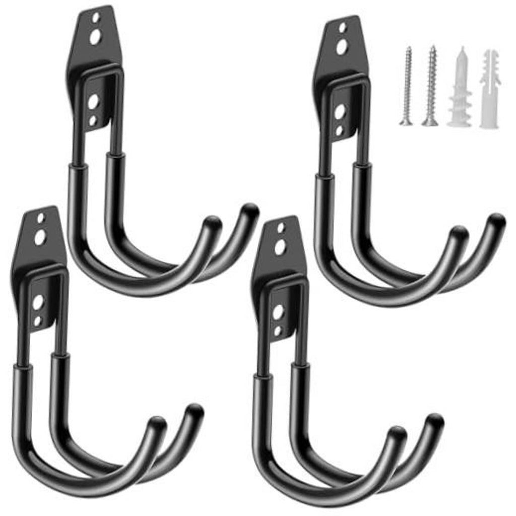 Black J-shaped garage hooks set of 4 with double mounting plates