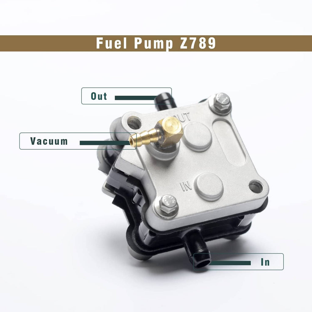 Silver fuel pump with brass fitting, black vacuum and inlet/outlet ports, marked IN/OUT.