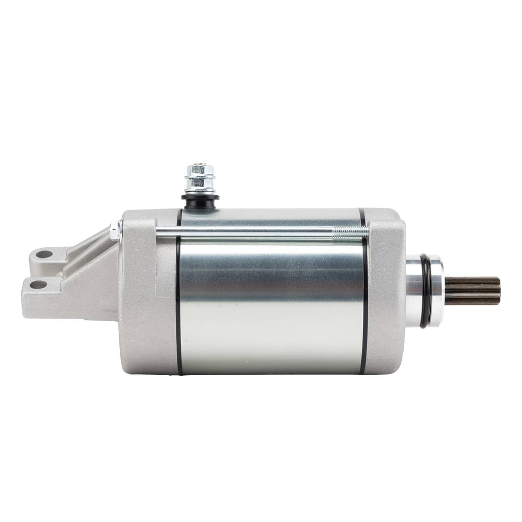 Starter motor side view with silver base bracket and exposed output shaft