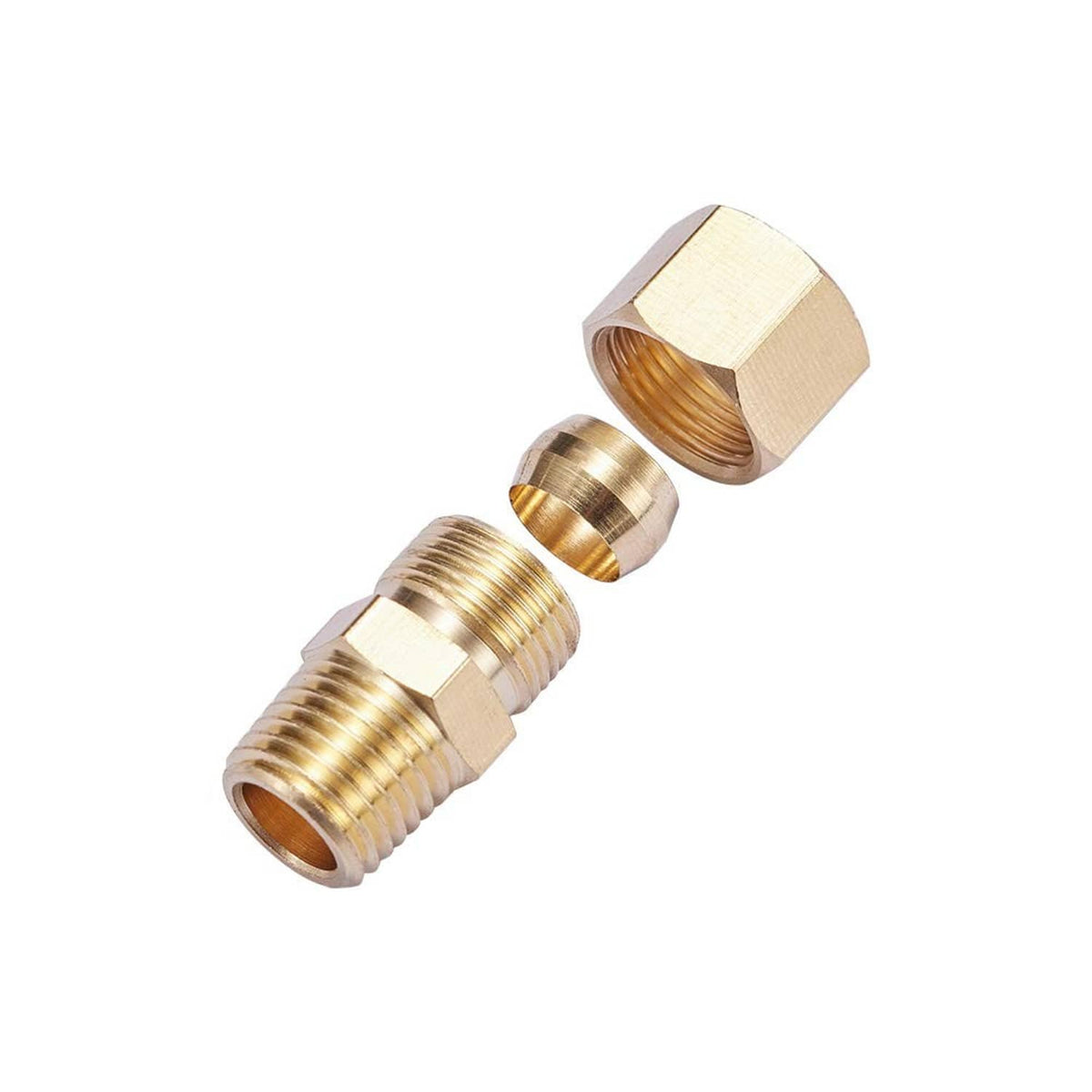 Brass compression tube pipe fitting with hex connector and paired threaded ends