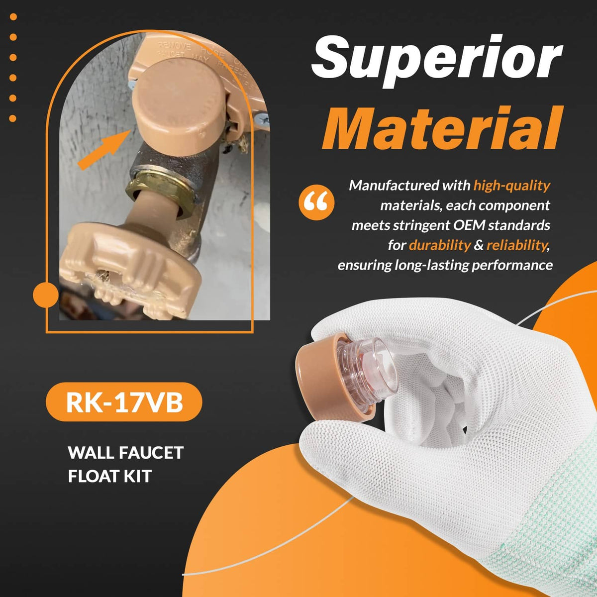 Wall faucet float kit with brown cap and clear float mechanism