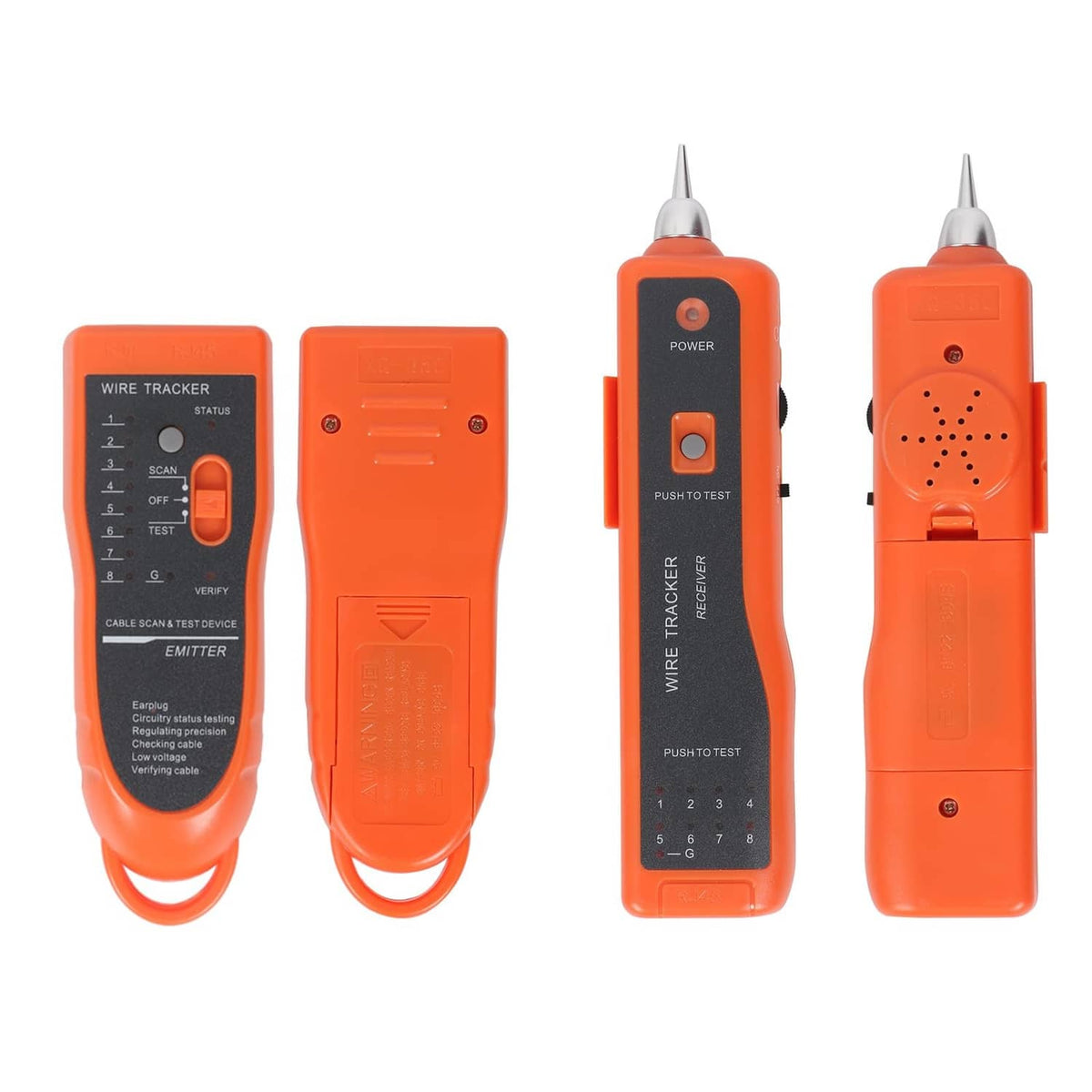 Orange handheld wire tracker network tester, multiple angles with probe