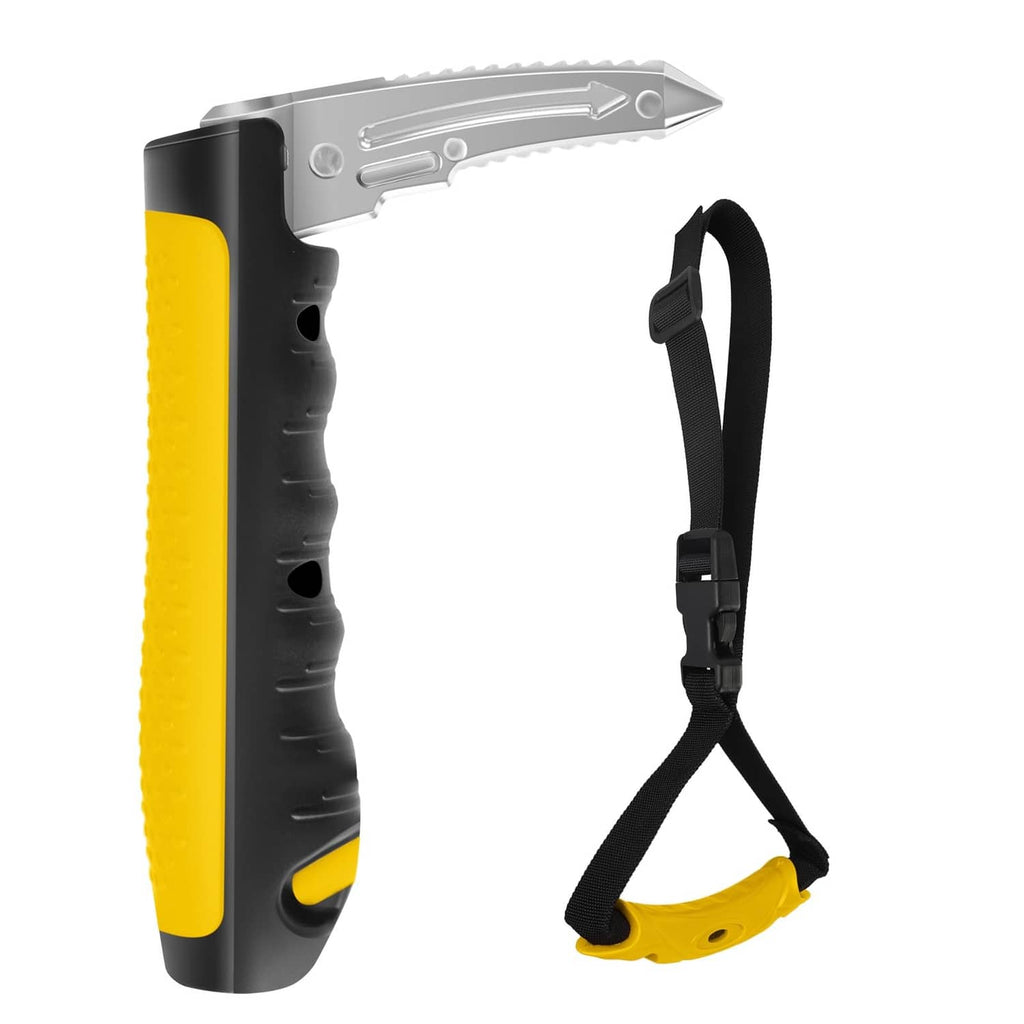 Portable car door assist handle with yellow grip and black strap, 3-in-1 tool