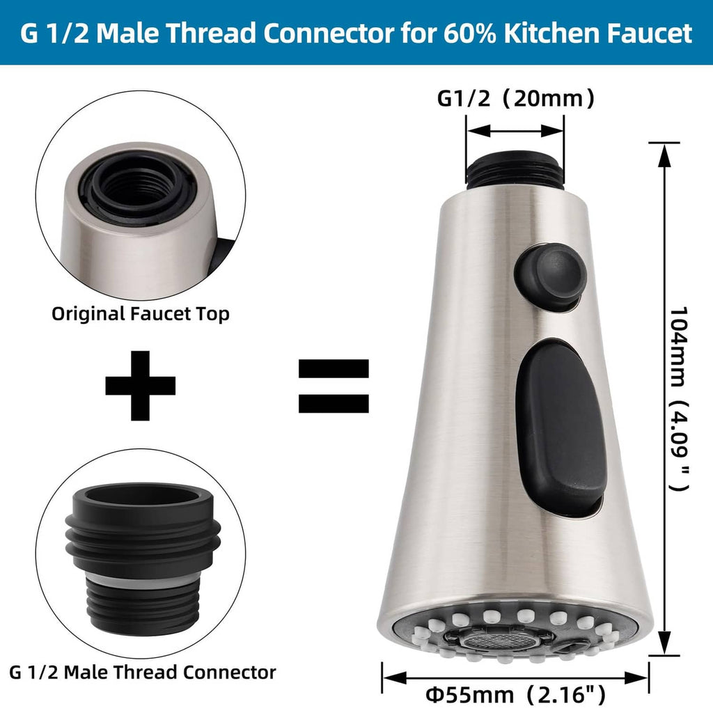G1/2 male thread connector faucet head, brushed nickel, with measured dimensions
