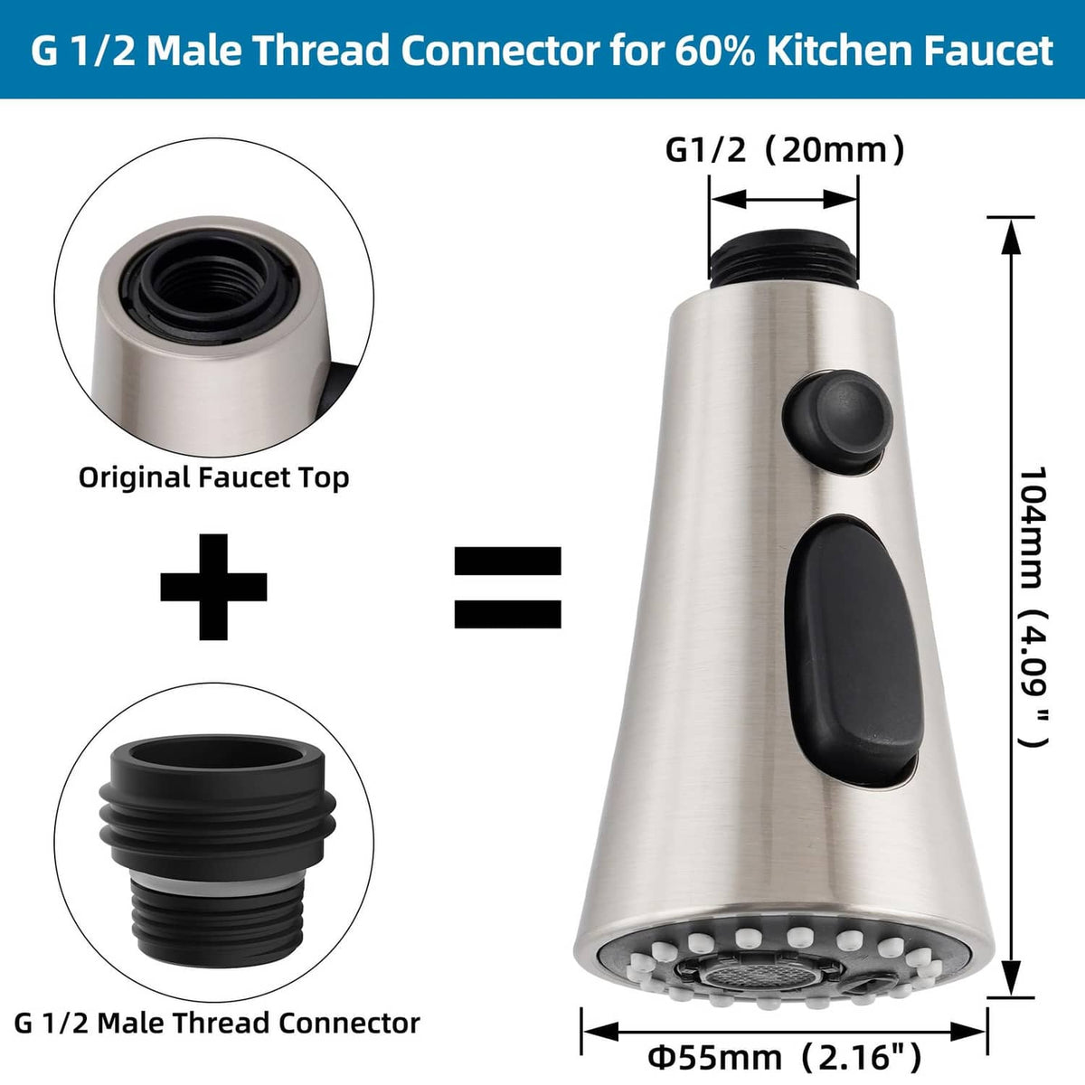 G1/2 male thread connector faucet head, brushed nickel, with measured dimensions