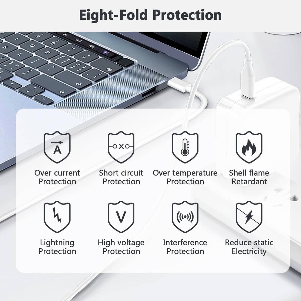 USB-C 100W power adapter with multi-protection safety icons