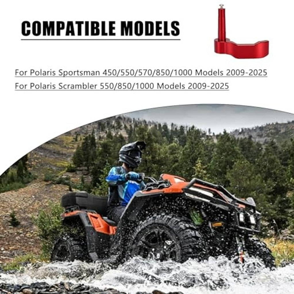 Red thumb throttle lever mounted on ATV handlebar area