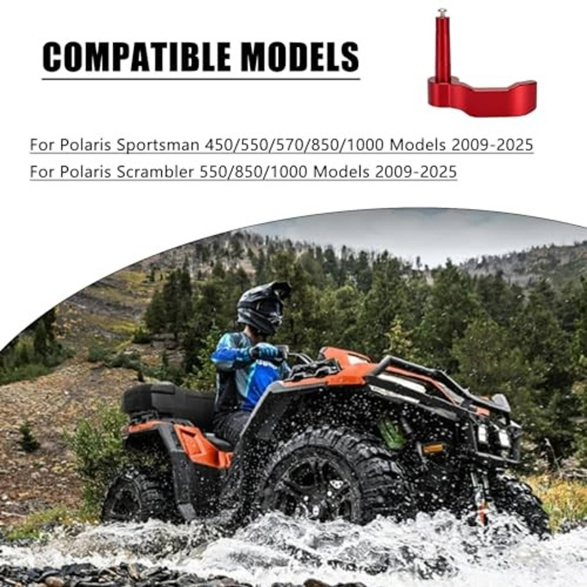 Red thumb throttle lever mounted on ATV handlebar area