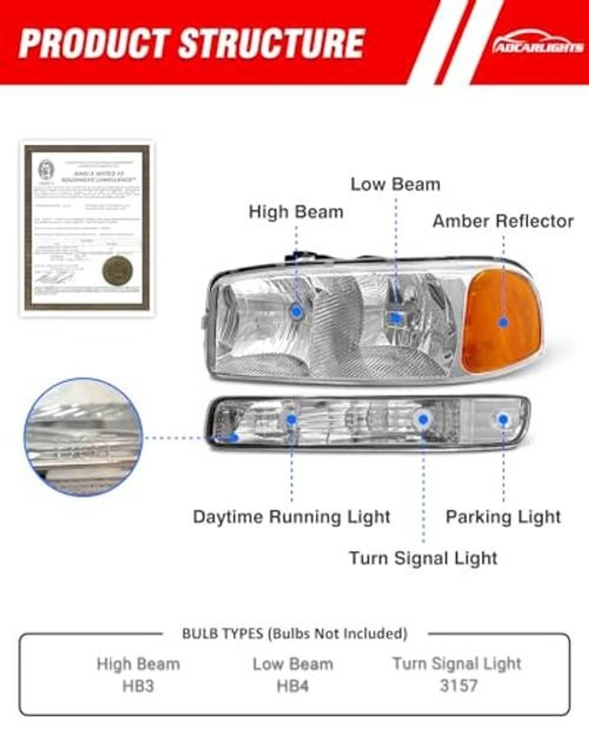 Chrome headlight assembly showing low beam, high beam, running light, and amber lens