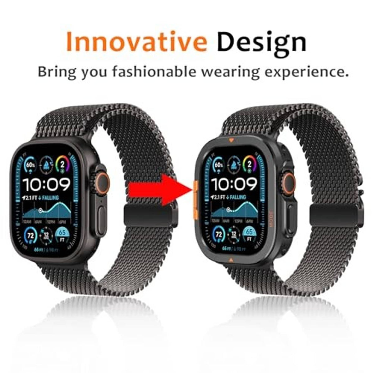 Black metal watch case with orange accents, shown from two angles on mesh band