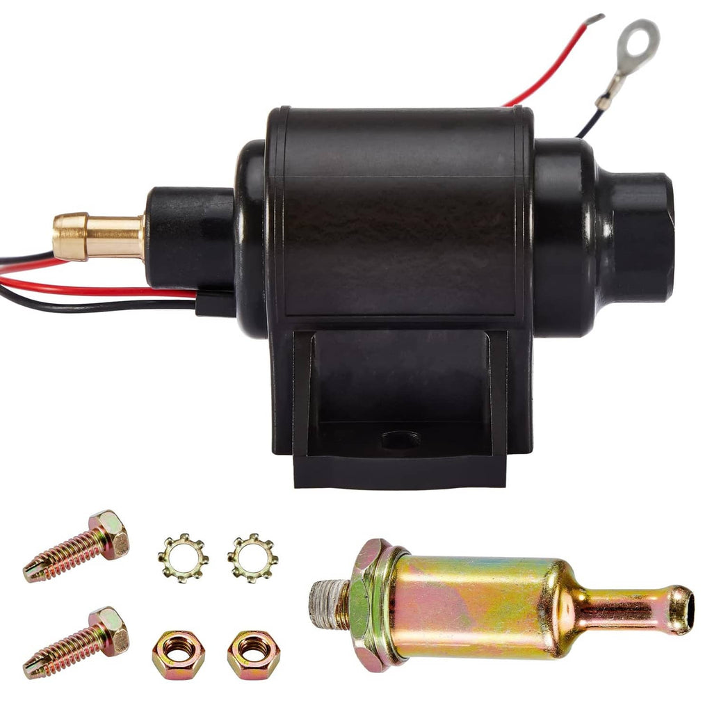Black electric fuel pump with red/black wires and brass inlet fitting