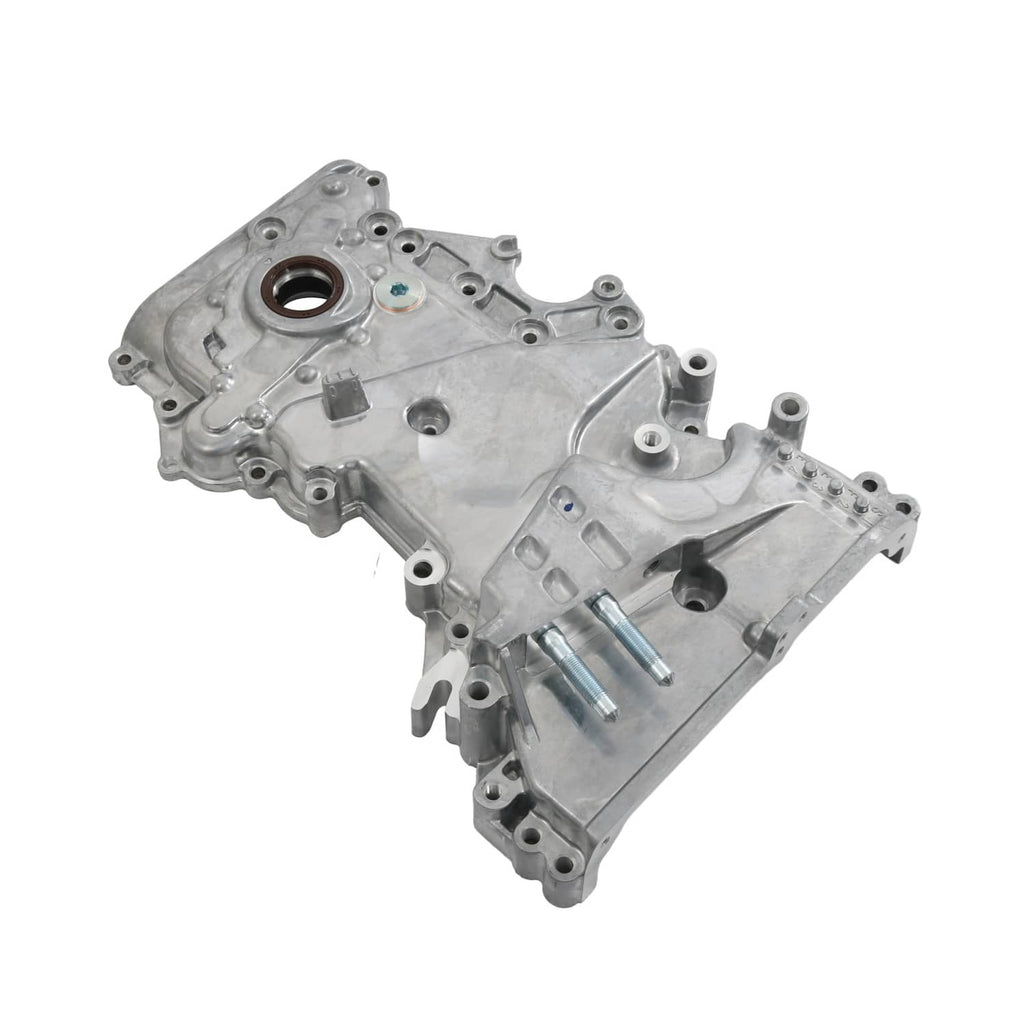 Timing cover oil pump housing with large circular opening, bolt holes, and attached bracket