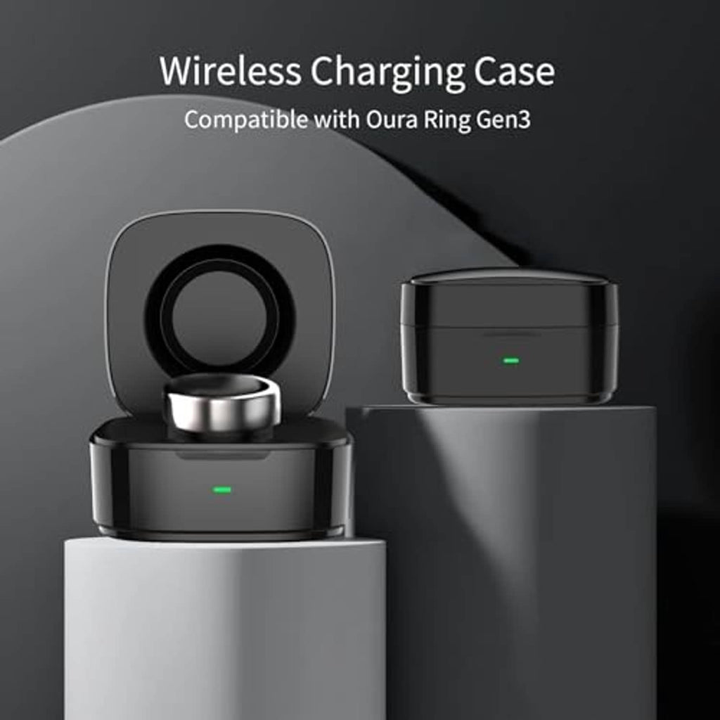 Black wireless charging case set with stacked bases and glowing green LED light