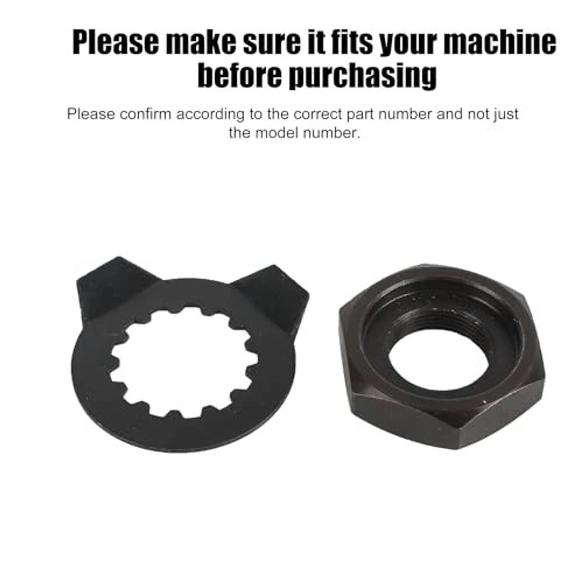 Front sprocket lock nut and toothed bolt washer pair, black metal parts