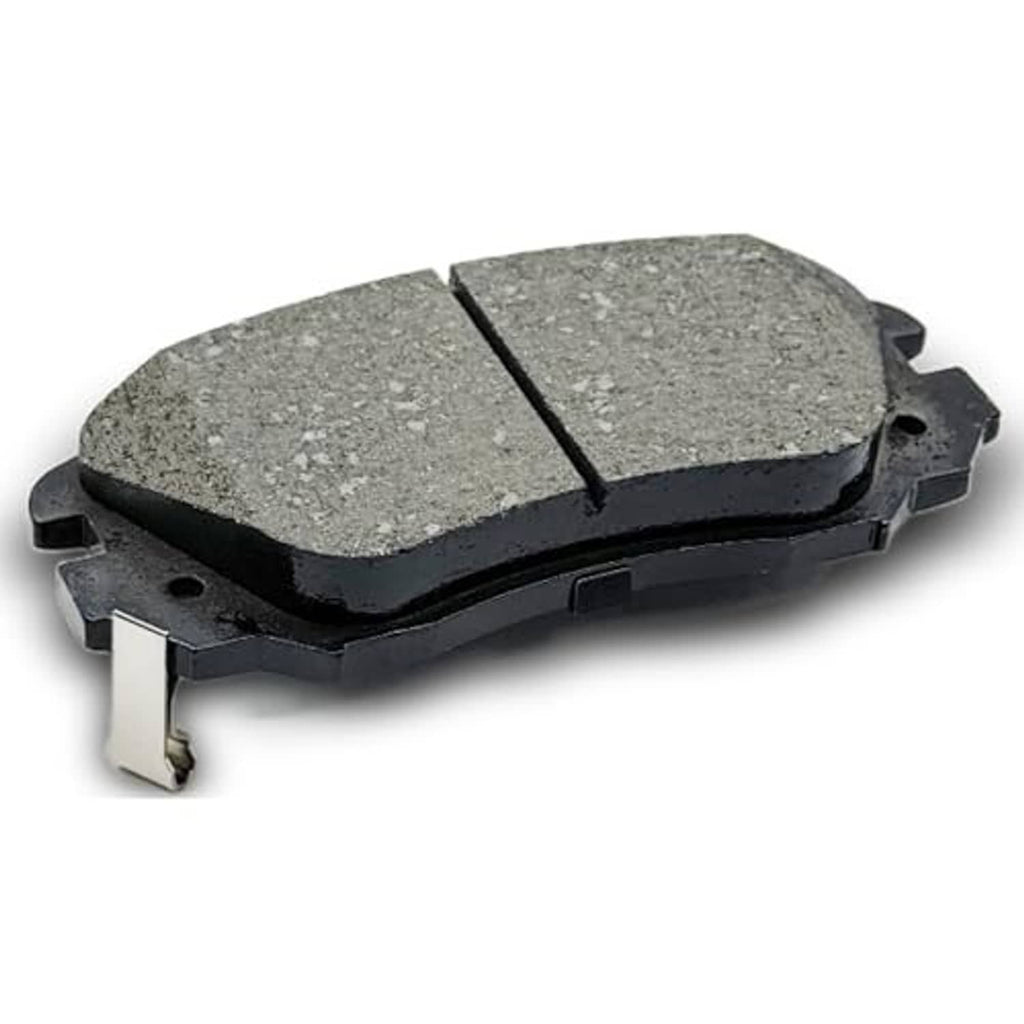 Ceramic front brake pad side view, grey friction blocks with black backing and mounting clips
