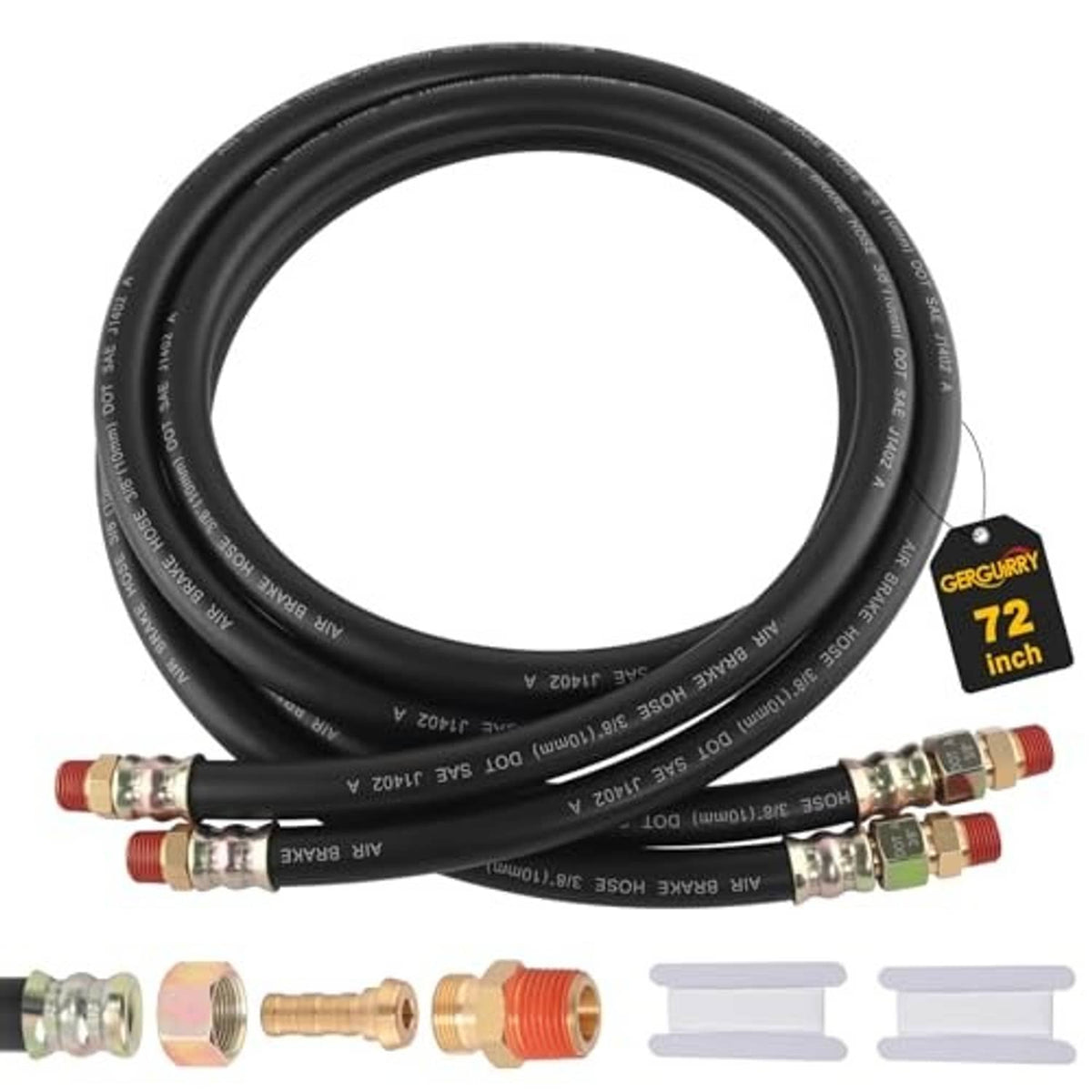 Two black air brake hoses with brass fittings and 72 in label, end views