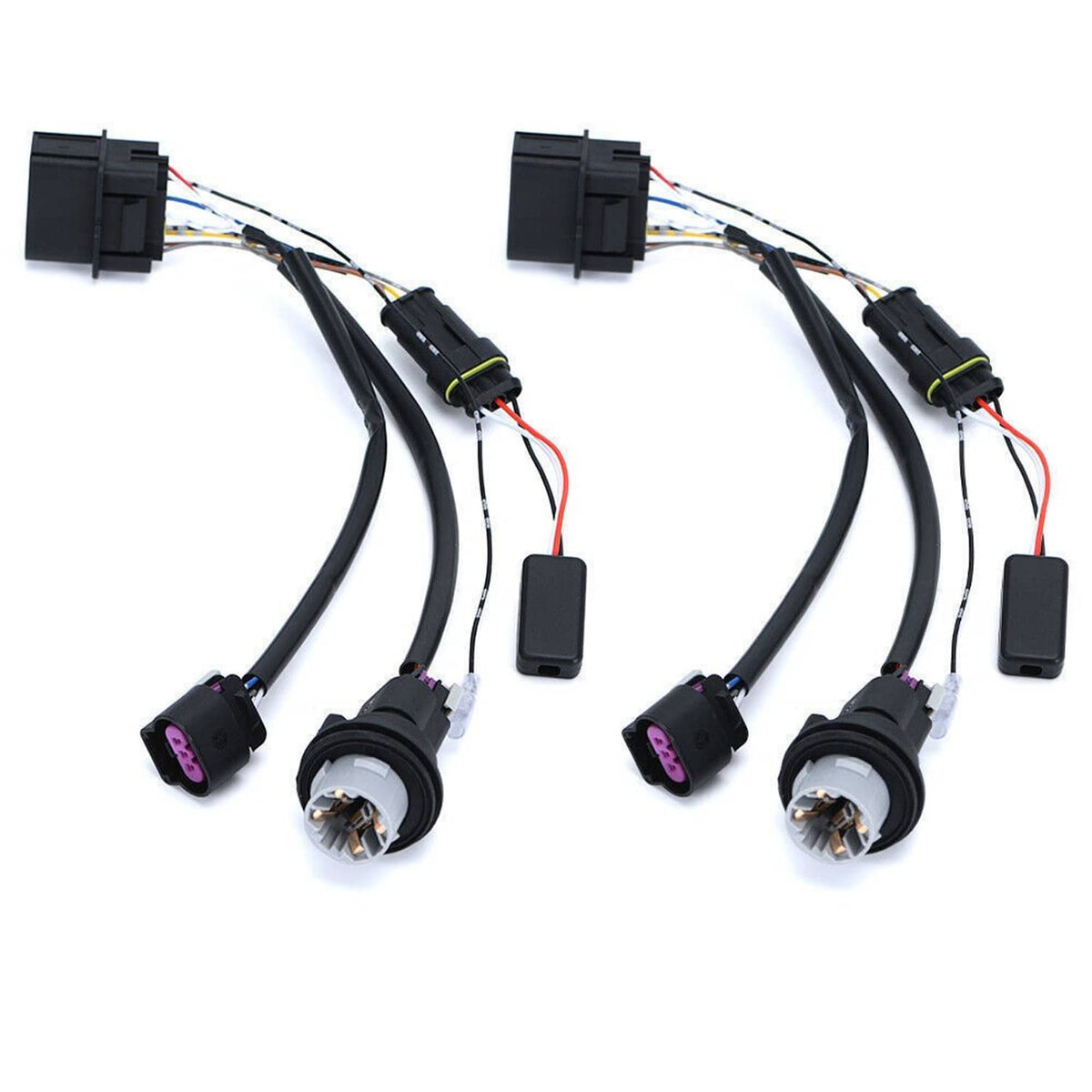 Projector headlight wire harness with black connectors and multi-wire loom, two leads
