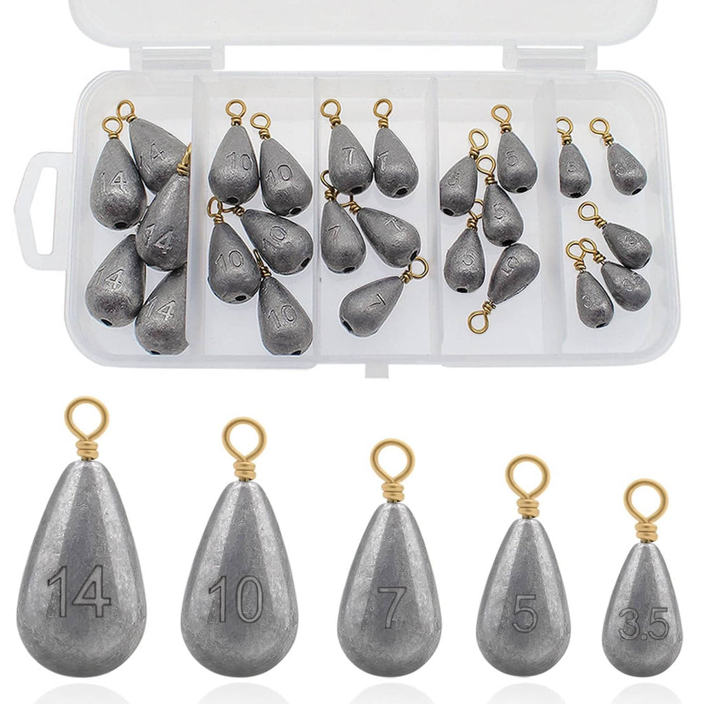 Plastic storage case with assorted silver lead fishing sinkers and brass rings