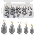 Plastic storage case with assorted silver lead fishing sinkers and brass rings