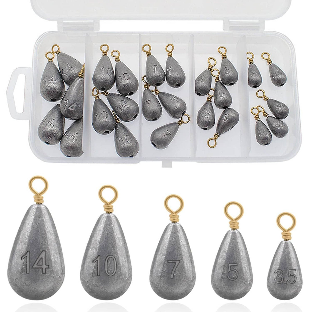 Plastic storage case with assorted silver lead fishing sinkers and brass rings