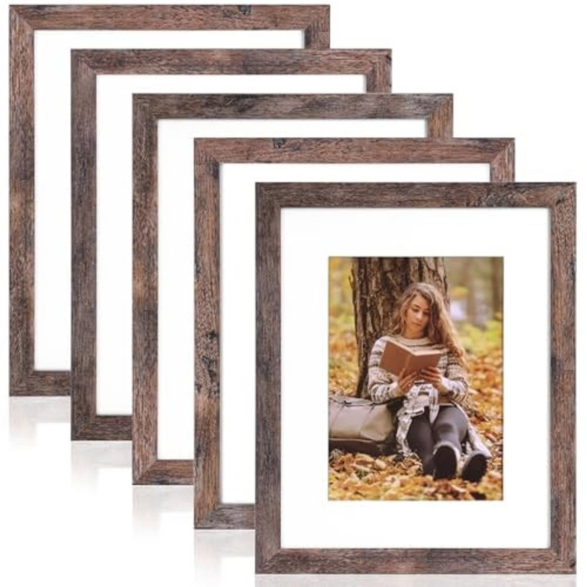 Set of 5 rustic brown picture frames with centered photo print and white mat