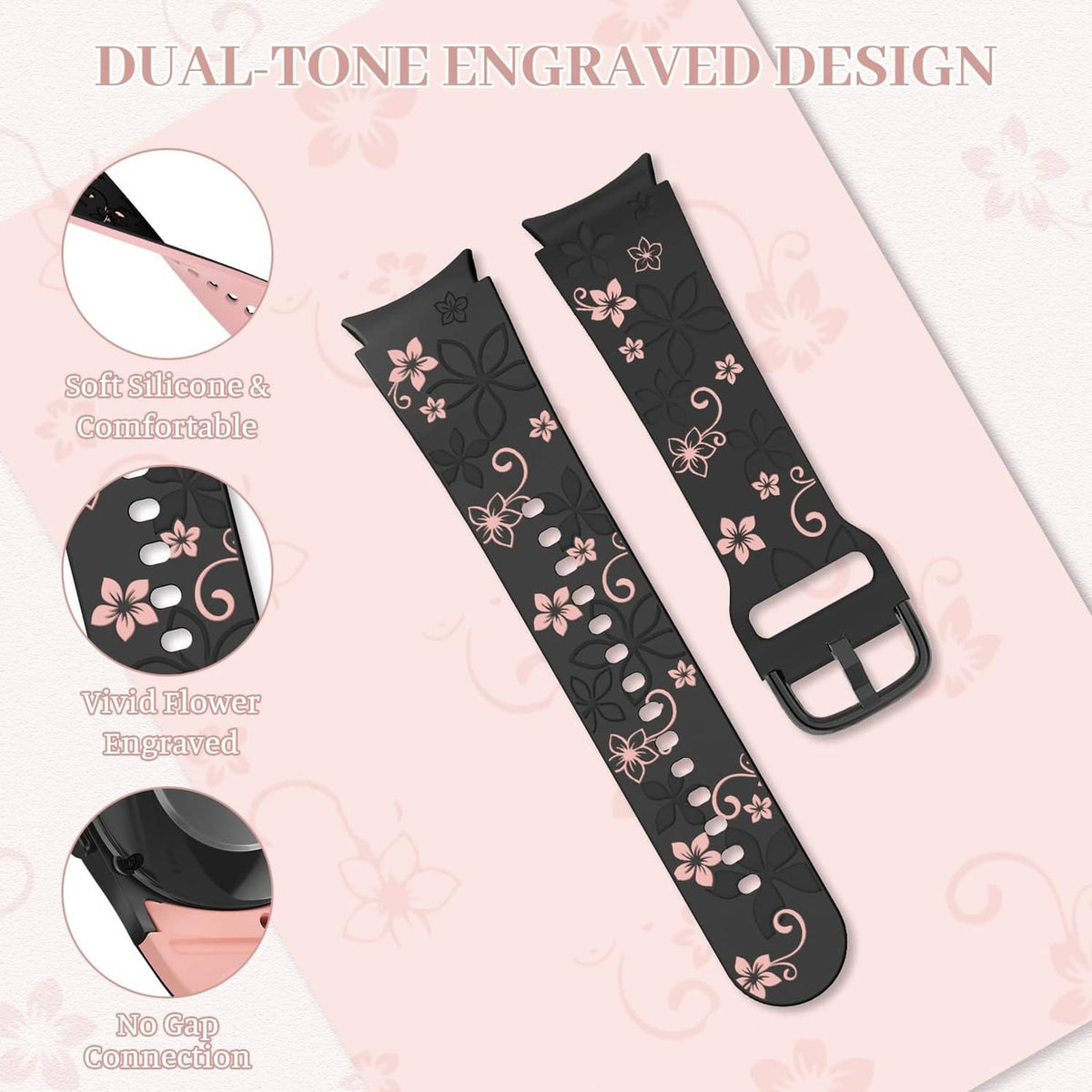Dual-tone flower engraved black smartwatch band with pink floral motifs