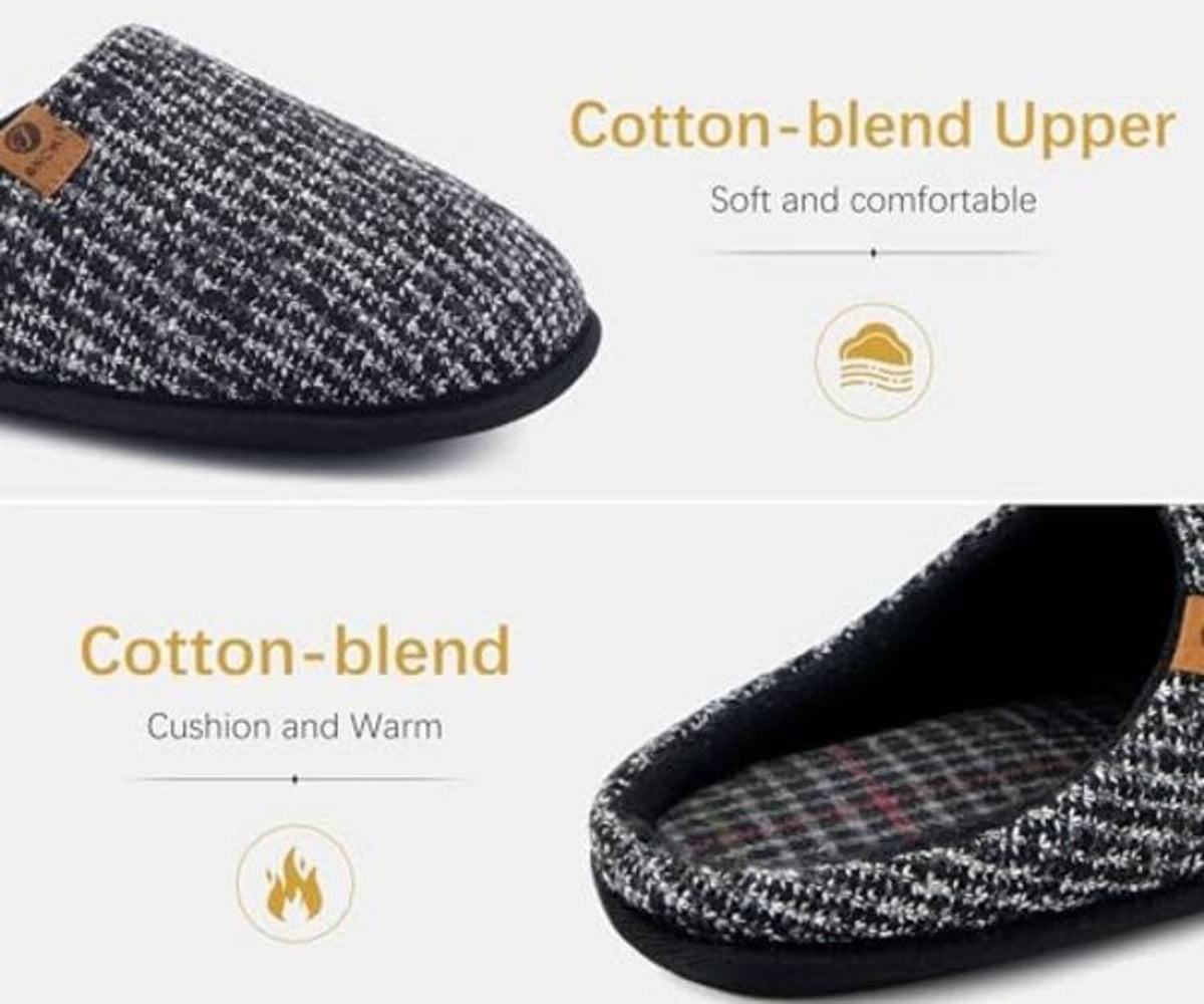 Men's slip-on scuff slipper with dark herringbone knit upper, black trim, and small brand patch.