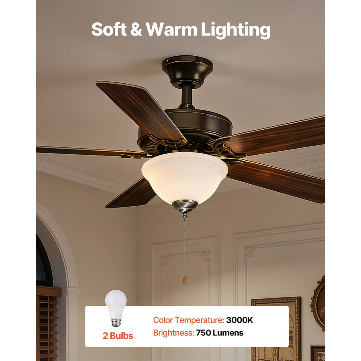 Ceiling fan light kit with white bowl shade on ceiling fan, with pull chain