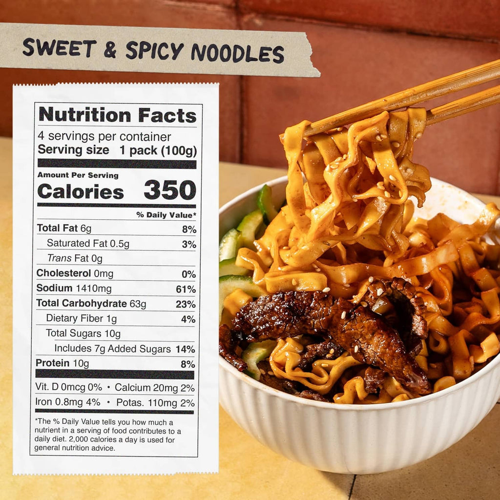 Nutrition facts panel and bowl of saucy sweet and spicy ramen noodles