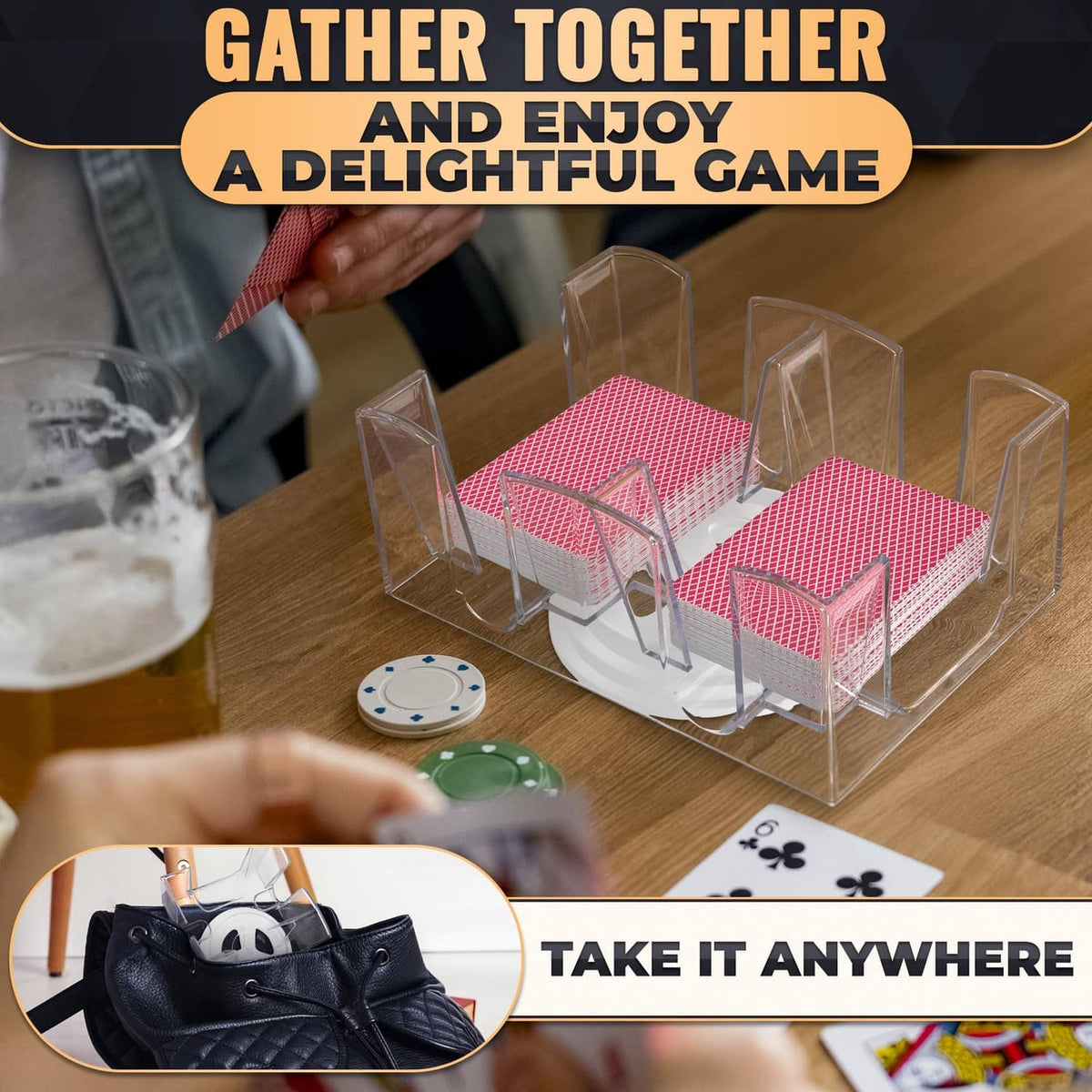 Transparent rotating 6-deck card holder with red patterned card stacks in clear holders.