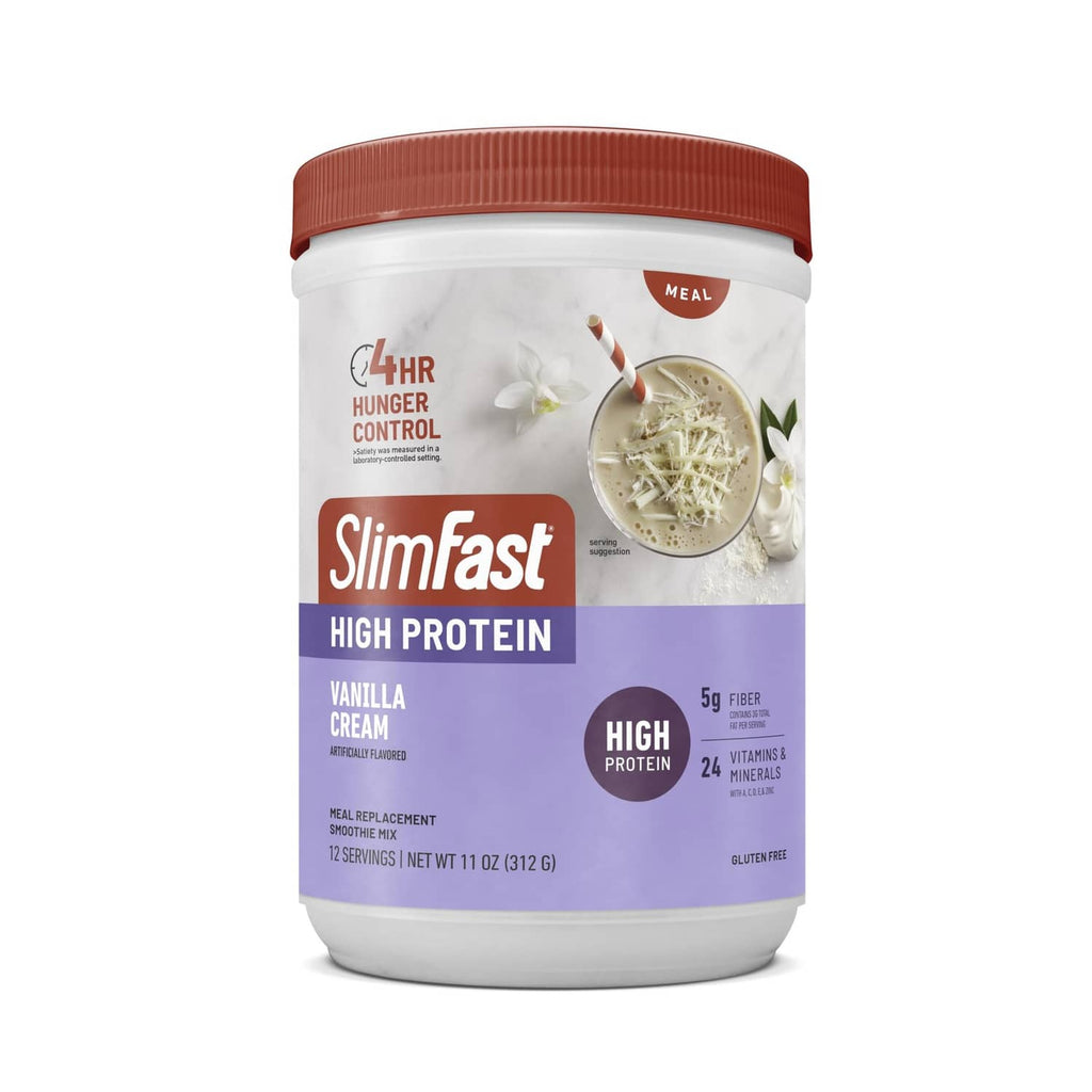 High-protein vanilla cream tub front with 4HR hunger control badge