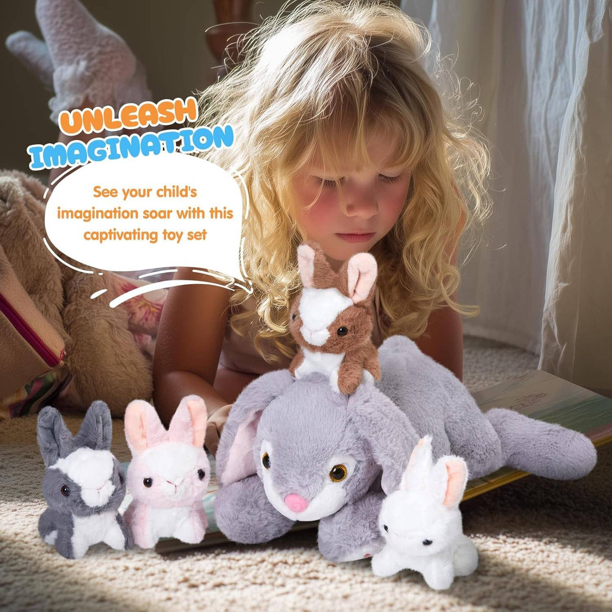 Child playing with gray bunny plush set, including four baby rabbit plush