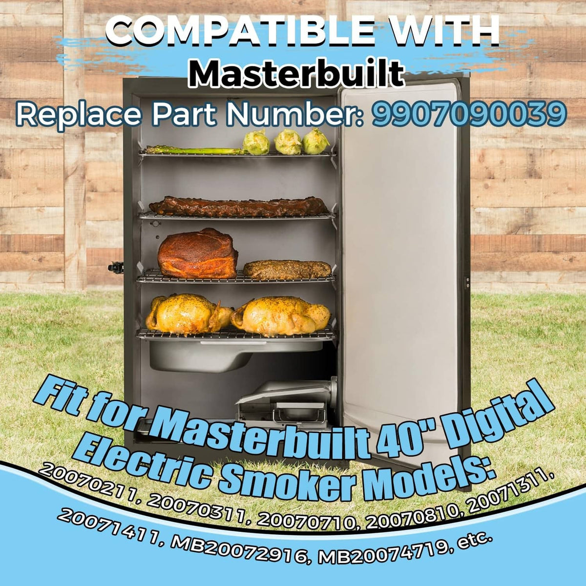 Electric smoker cooking chamber with metal racks and interior food on shelves