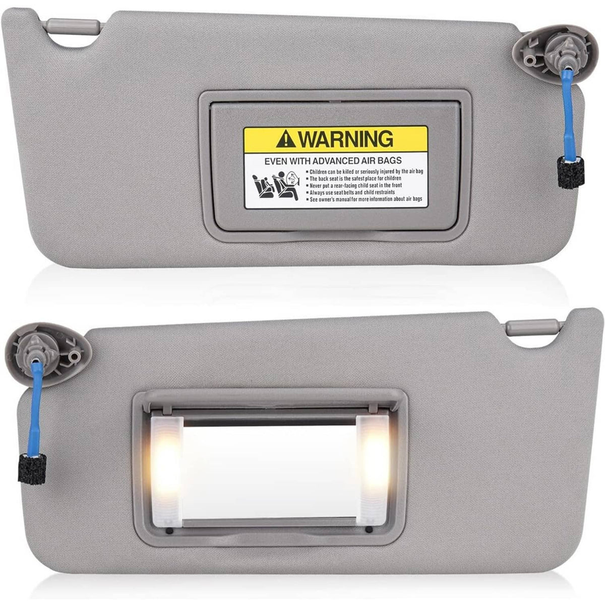 Gray sun visor set with warning labels and integrated LED-lit mirror opening