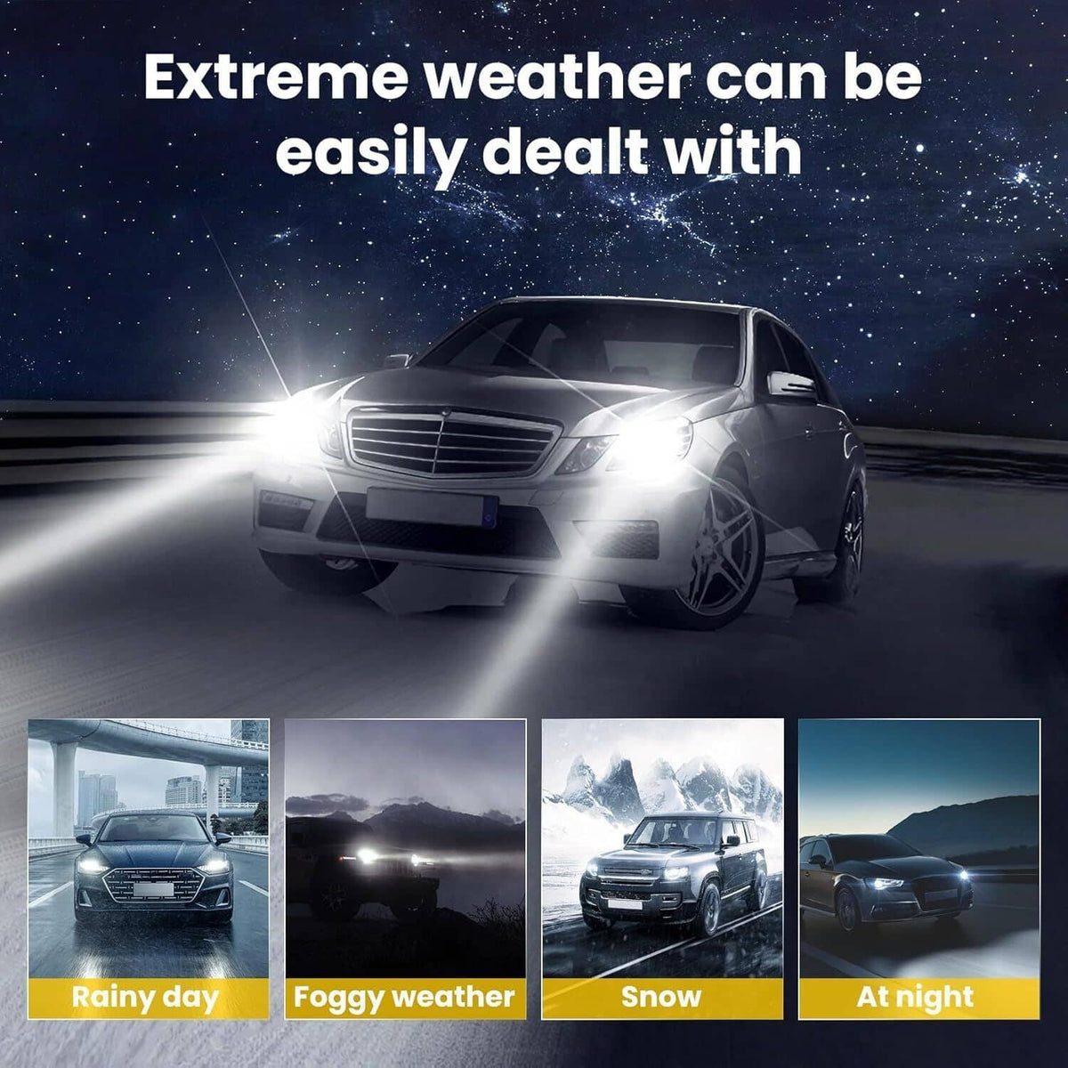 D5S LED headlight bulbs illuminating a car at night in extreme weather