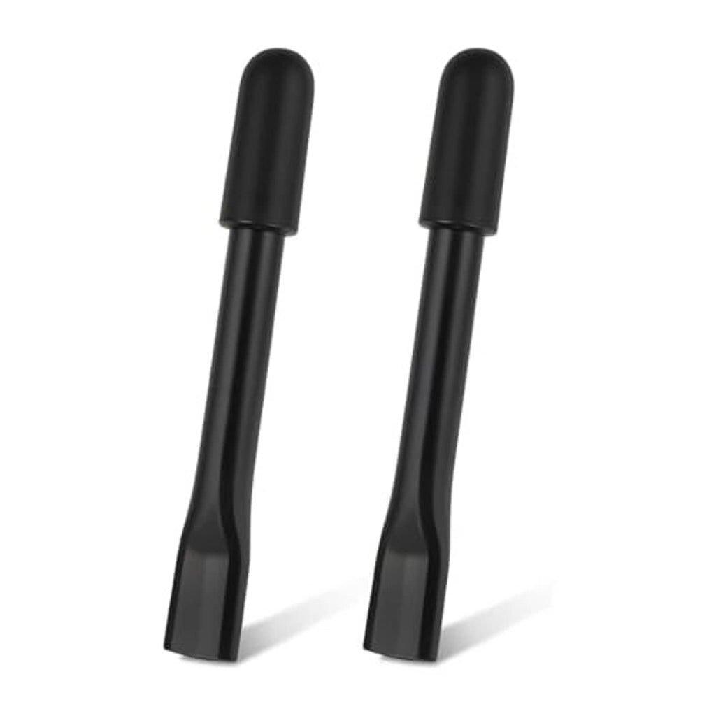 Two black wheelchair brake handle extenders, curved shape with ribbed grip