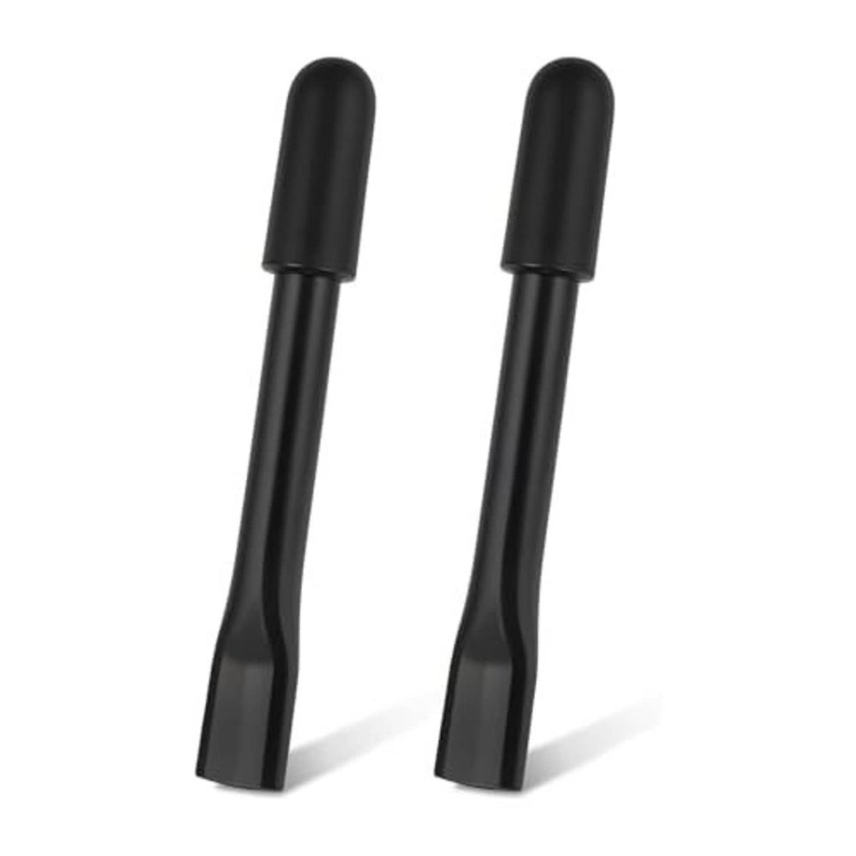 Two black wheelchair brake handle extenders, curved shape with ribbed grip