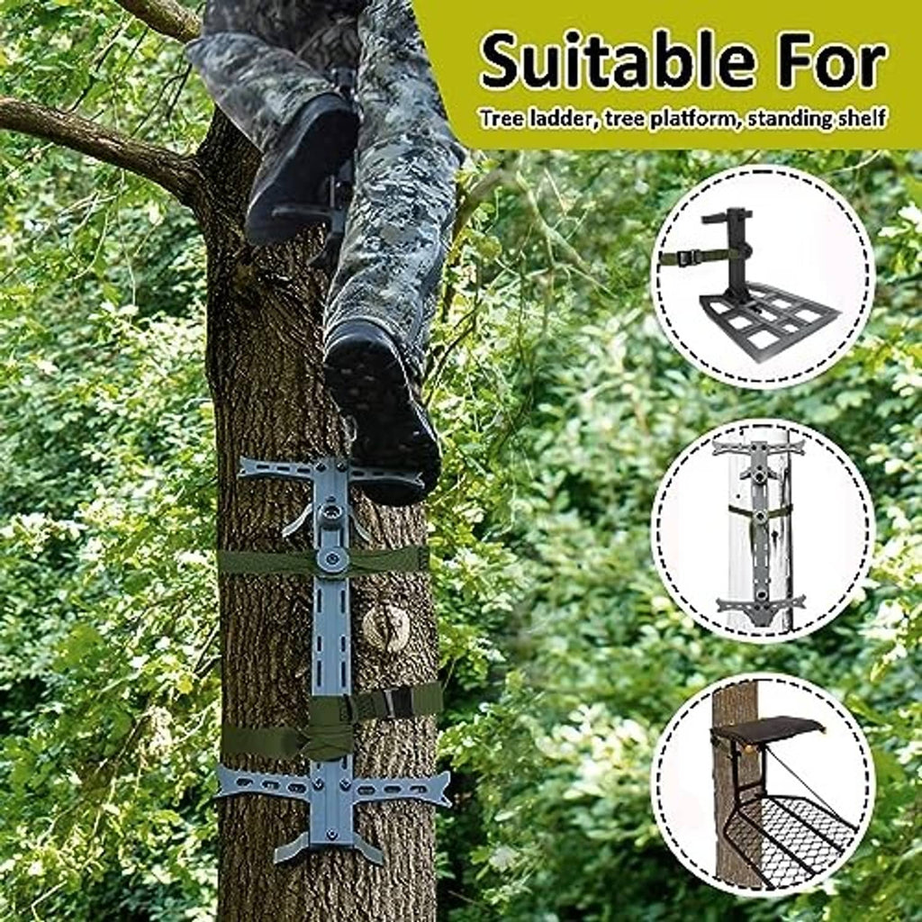 Olive strap and buckle securing a tree platform stand to a tree trunk