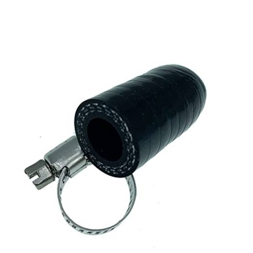 Black silicone coolant cap with metal clamp for 3/8 in (9.5 mm) hose