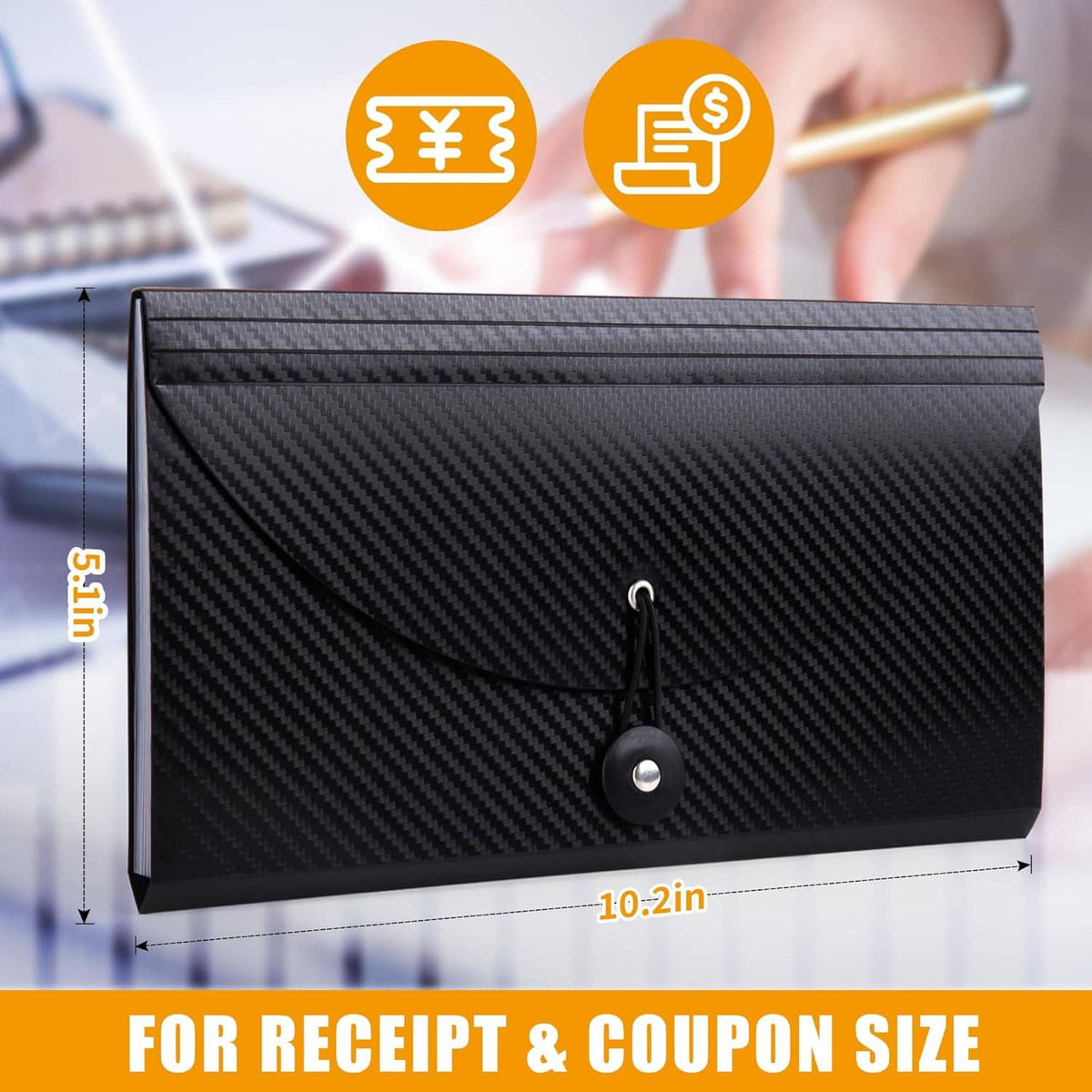 Black carbon-fiber accordion file organizer with snap closure and size diagram