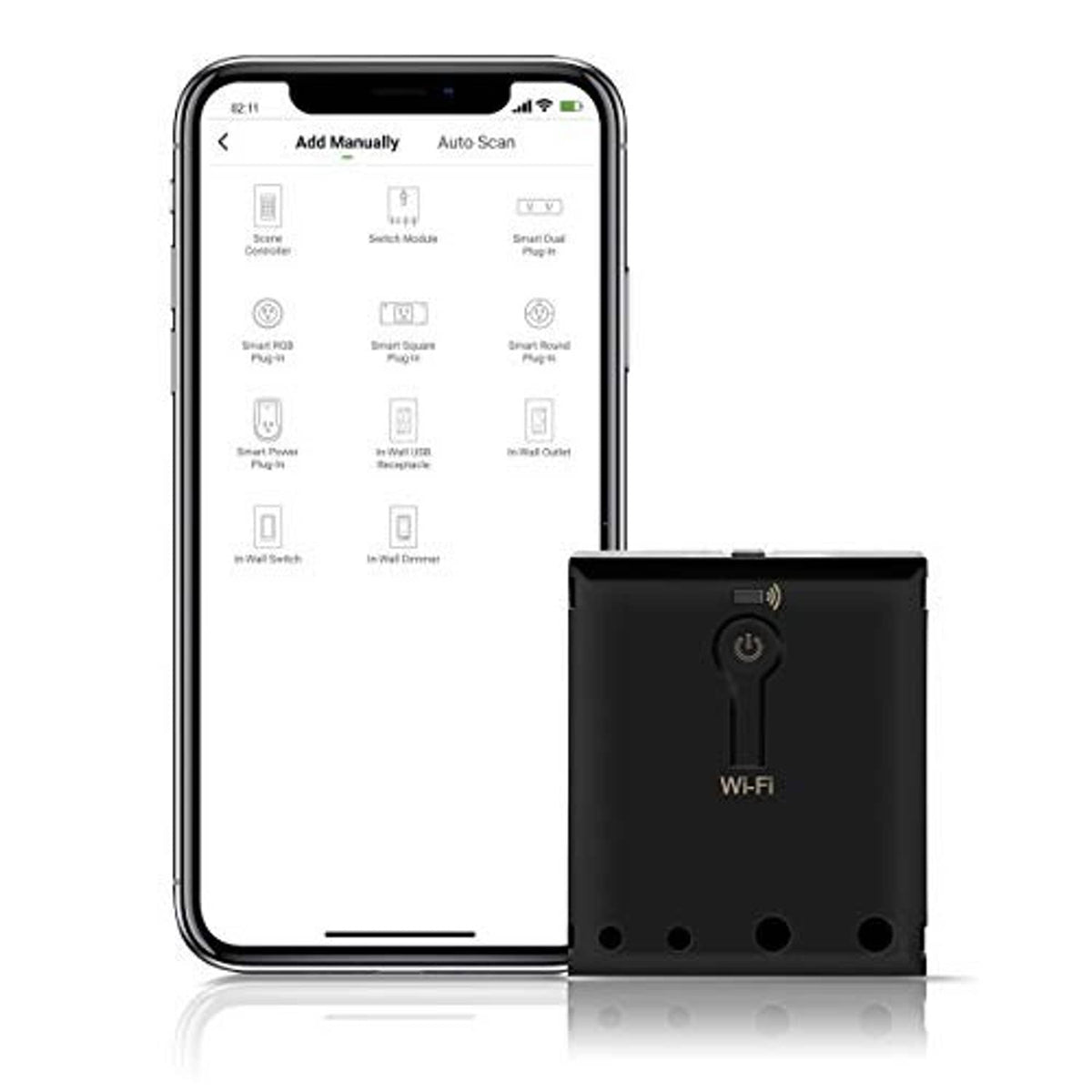 Black Wi‑Fi relay module with power icon, Wi‑Fi label, and four terminal ports