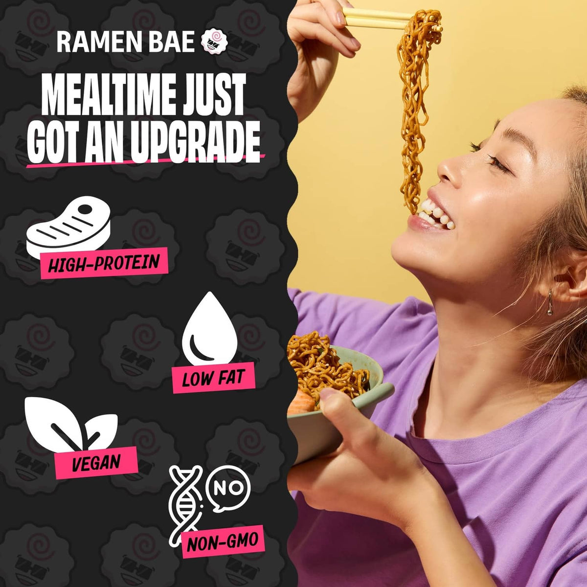 Protein ramen noodles bowl graphic with high-protein and low-fat icons