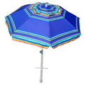 Blue beach umbrella with striped canopy, air-vent top, and sand anchor pole