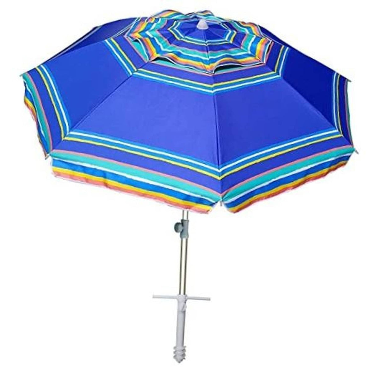Blue beach umbrella with striped canopy, air-vent top, and sand anchor pole