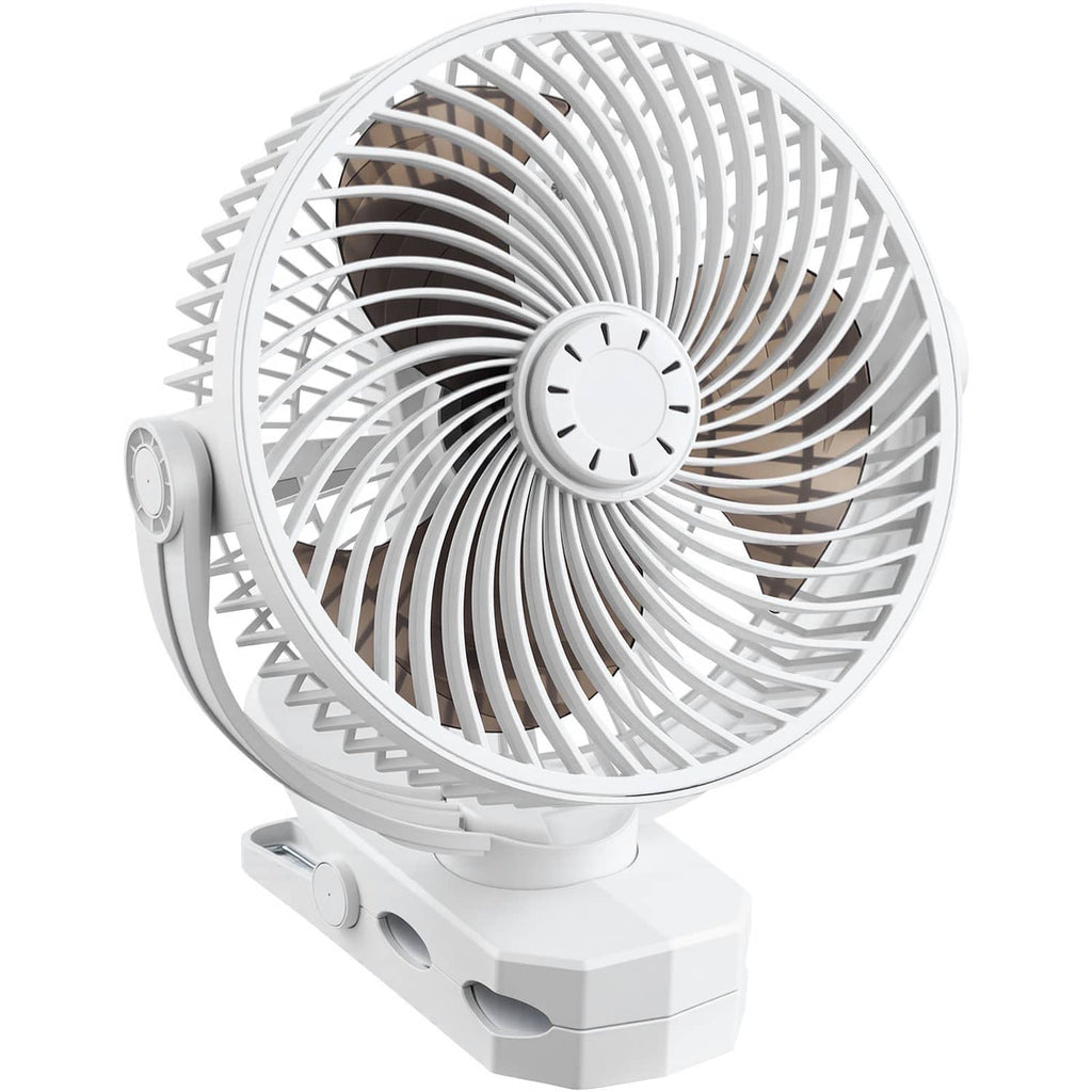 White portable USB fan with clip arm and front grille on a base