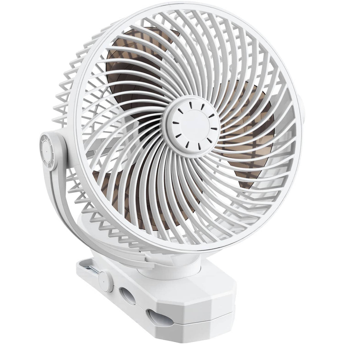 White portable USB fan with clip arm and front grille on a base