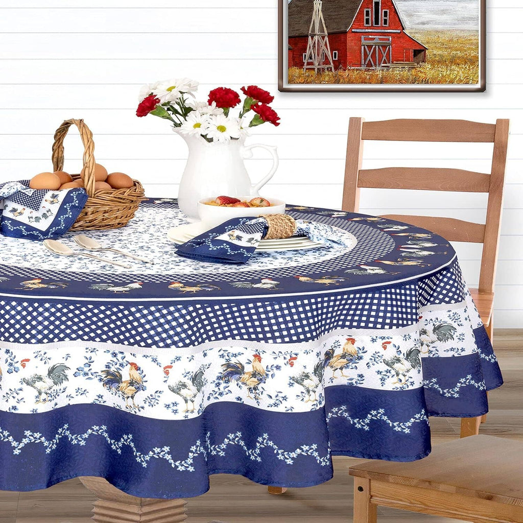 Blue and white oval tablecloth with farm animal print and scalloped border